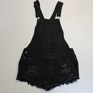 AMERICAN EAGLE Black Distressed Denim Overalls